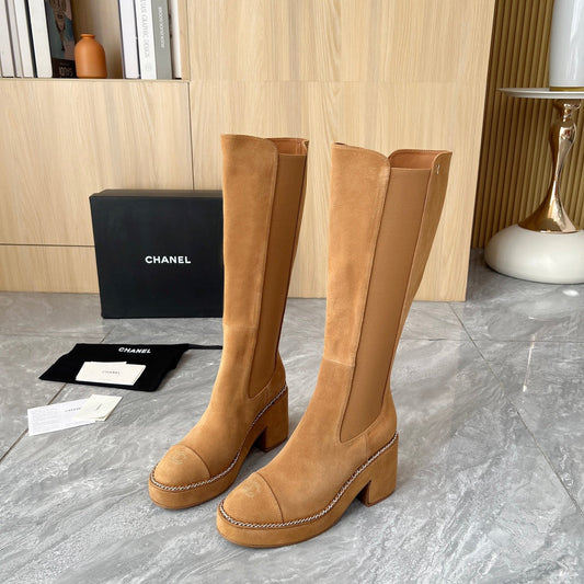 CHANEL 25S HIGH BOOTS STRETCHY SHAFT 85MM IN CARAMEL SUEDE GOLD HARDWRE - 35