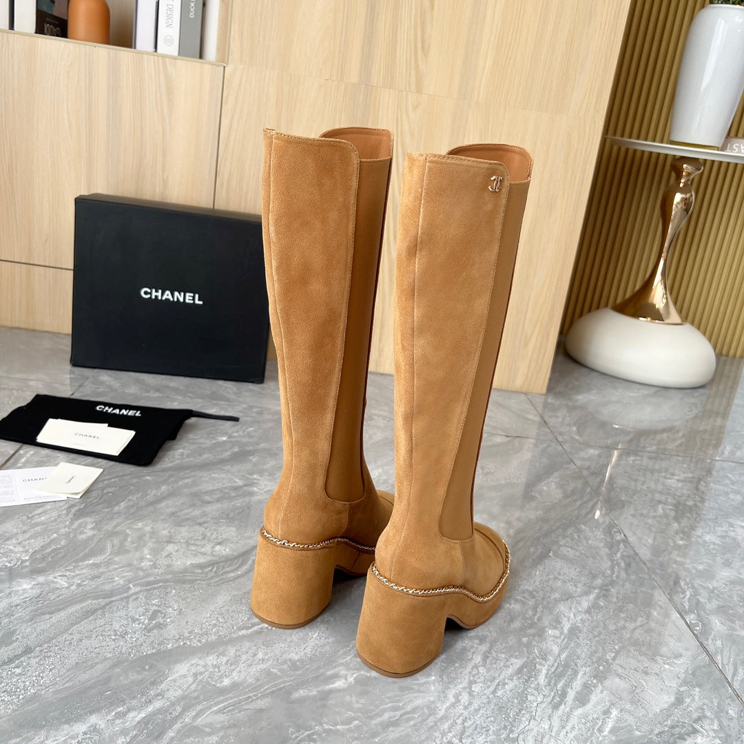 CHANEL 25S HIGH BOOTS STRETCHY SHAFT 85MM IN CARAMEL SUEDE GOLD HARDWRE - 35
