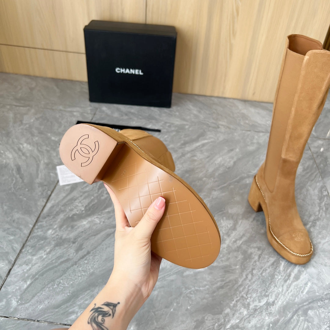 CHANEL 25S HIGH BOOTS STRETCHY SHAFT 85MM IN CARAMEL SUEDE GOLD HARDWRE - 35
