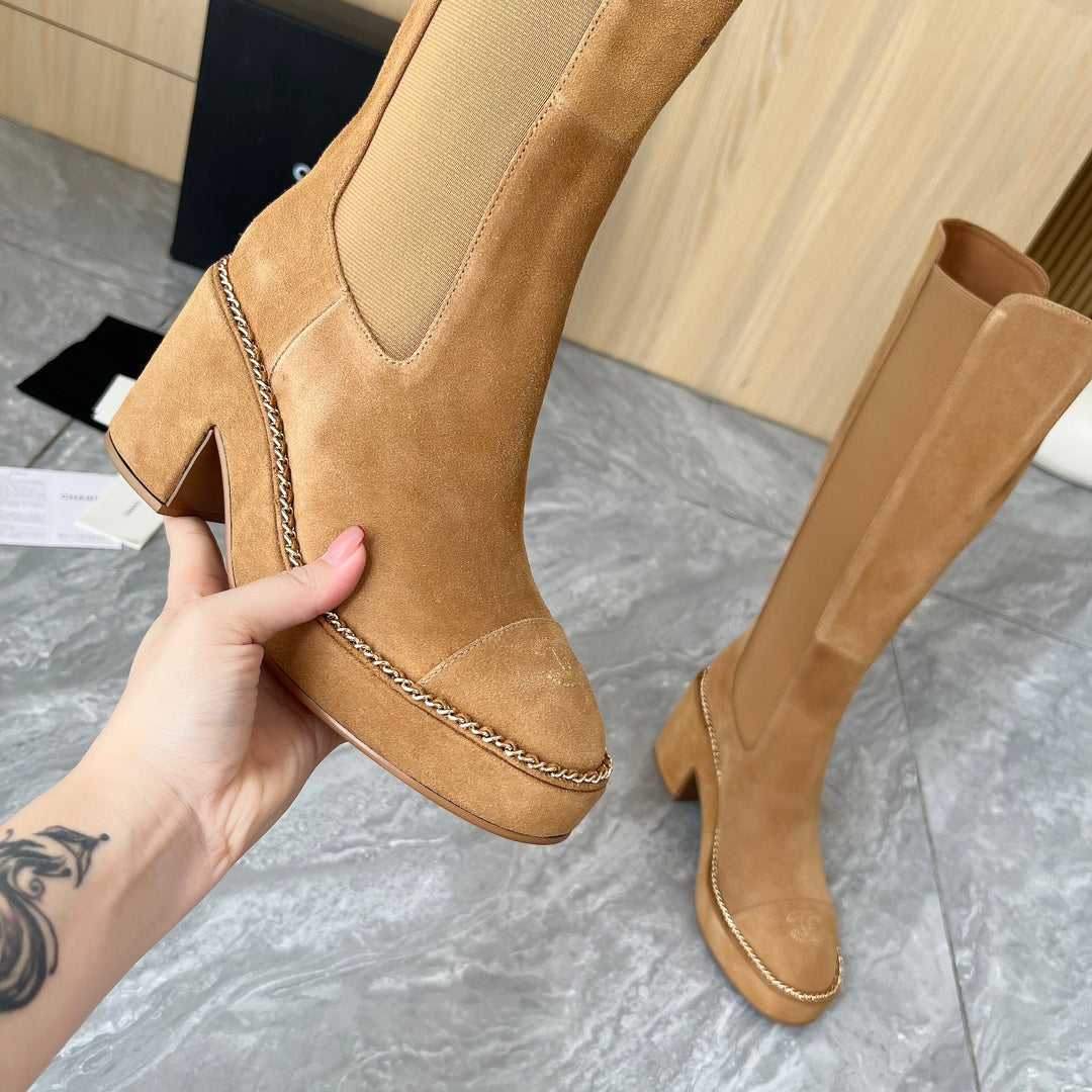 CHANEL 25S HIGH BOOTS STRETCHY SHAFT 85MM IN CARAMEL SUEDE GOLD HARDWRE - 35