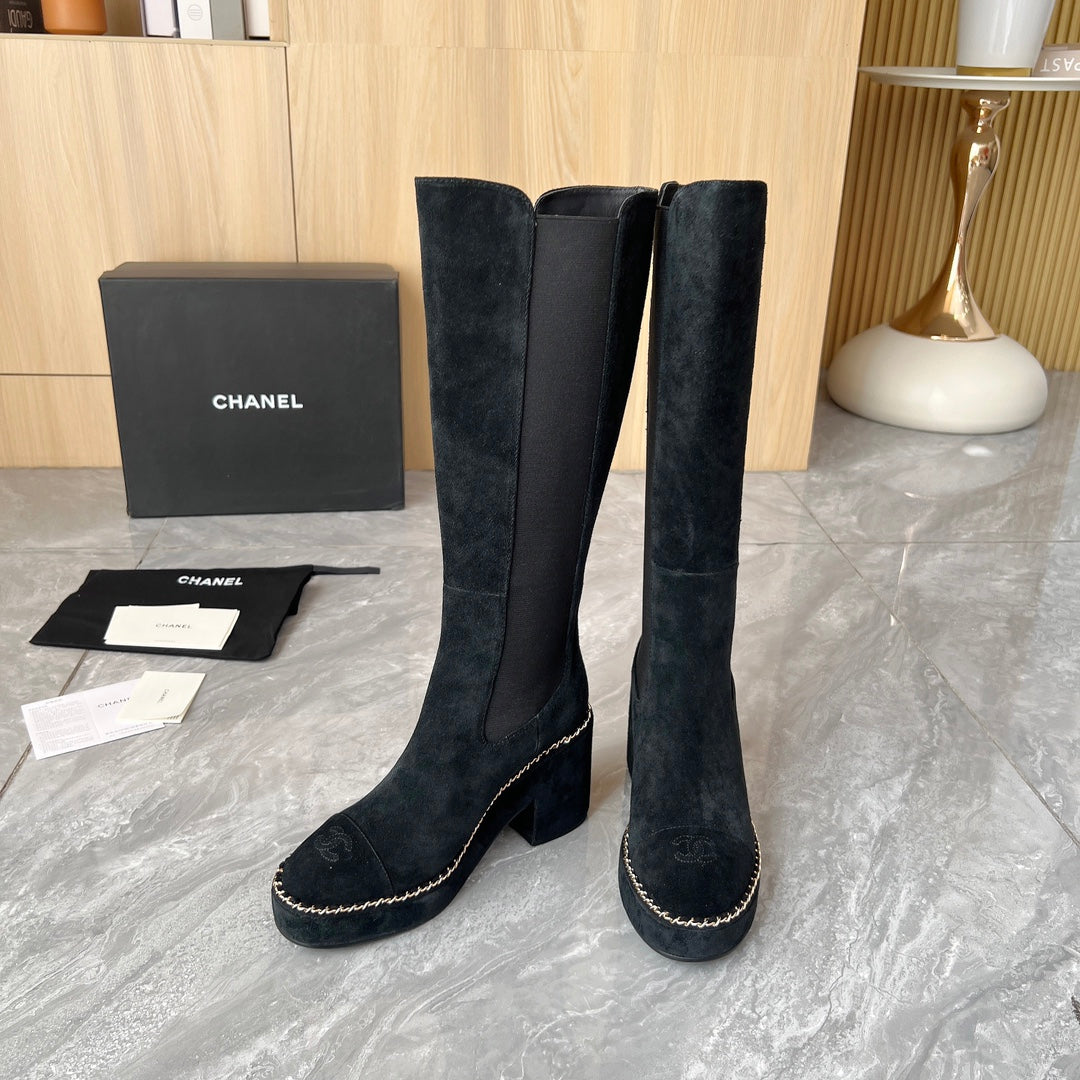 CHANEL 25S HIGH BOOTS STRETCHY SHAFT 85MM IN BLACK SUEDE GOLD HARDWRE - 35