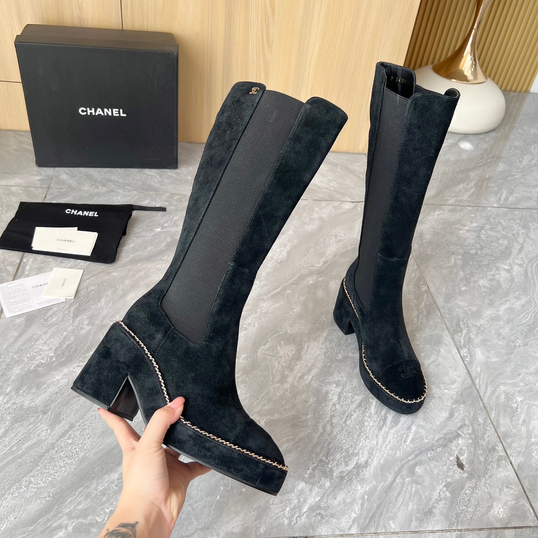 CHANEL 25S HIGH BOOTS STRETCHY SHAFT 85MM IN BLACK SUEDE GOLD HARDWRE - 35