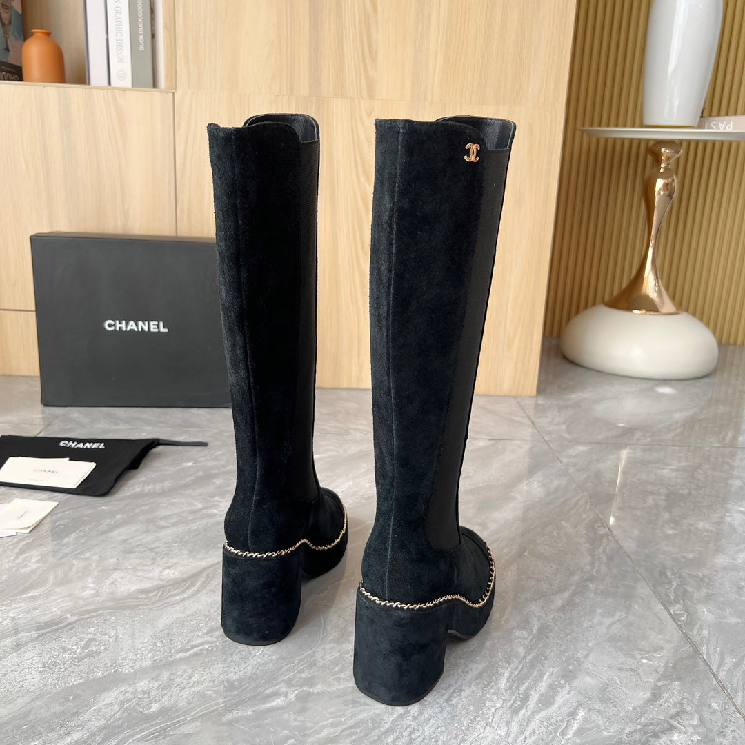 CHANEL 25S HIGH BOOTS STRETCHY SHAFT 85MM IN BLACK SUEDE GOLD HARDWRE - 35