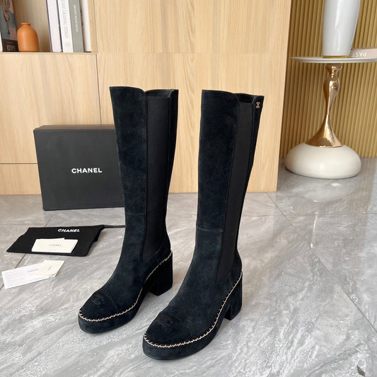 CHANEL 25S HIGH BOOTS STRETCHY SHAFT 85MM IN BLACK SUEDE GOLD HARDWRE - 35