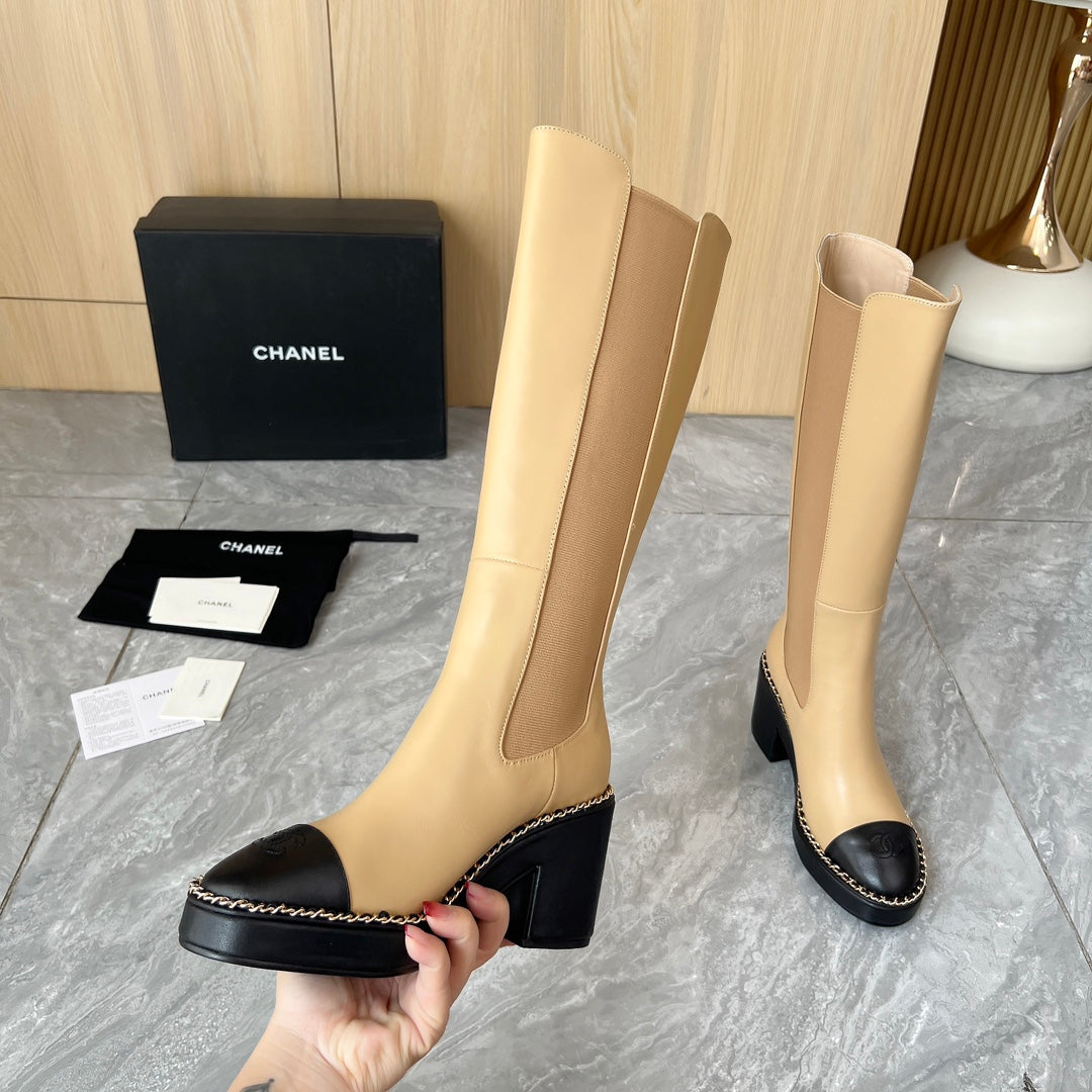 CHANEL 25S HIGH BOOTS STRETCHY SHAFT 85MM IN LIGHT BROWN CALFSKIN GOLD HARDWRE - 35