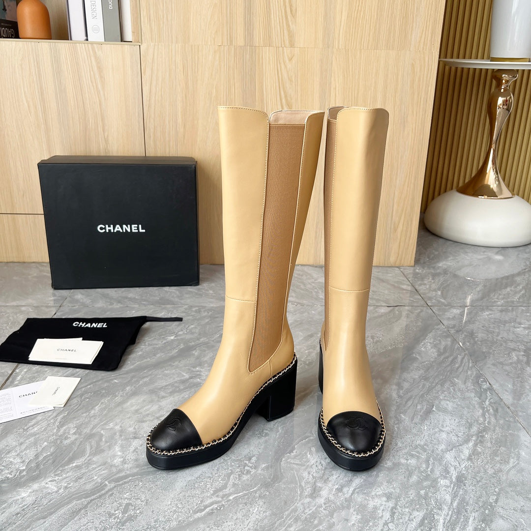 CHANEL 25S HIGH BOOTS STRETCHY SHAFT 85MM IN LIGHT BROWN CALFSKIN GOLD HARDWRE - 35
