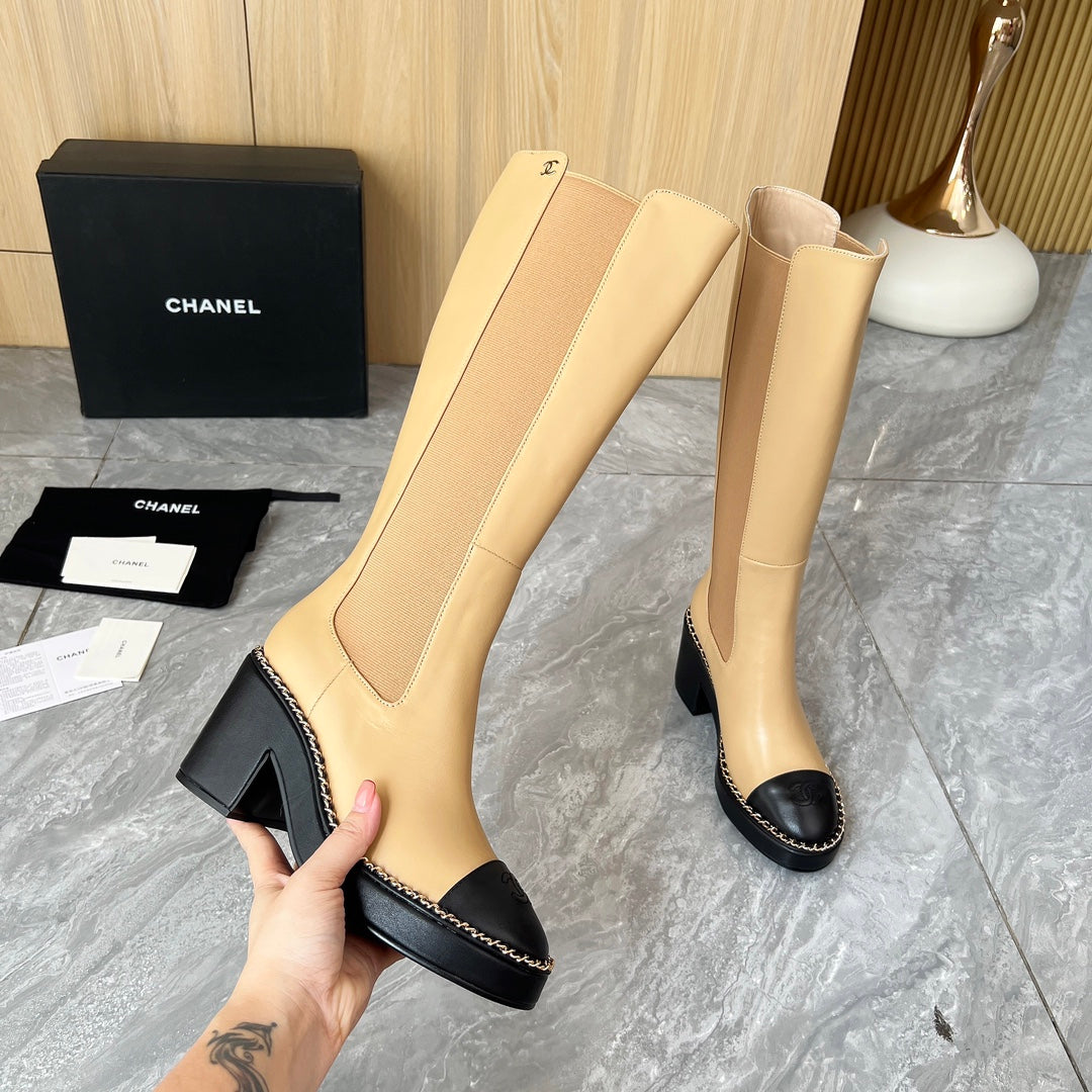 CHANEL 25S HIGH BOOTS STRETCHY SHAFT 85MM IN LIGHT BROWN CALFSKIN GOLD HARDWRE - 35