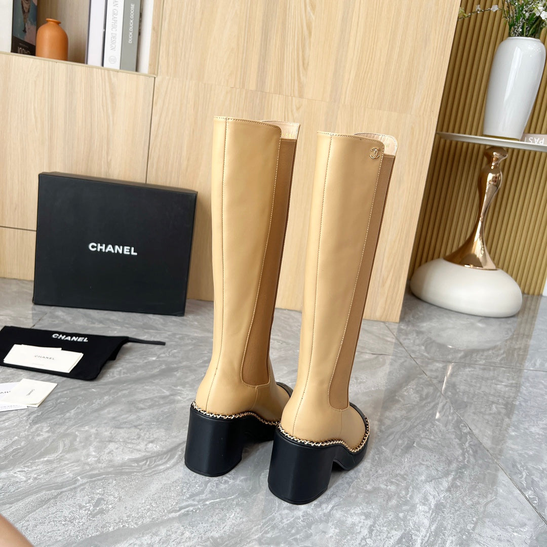 CHANEL 25S HIGH BOOTS STRETCHY SHAFT 85MM IN LIGHT BROWN CALFSKIN GOLD HARDWRE - 35