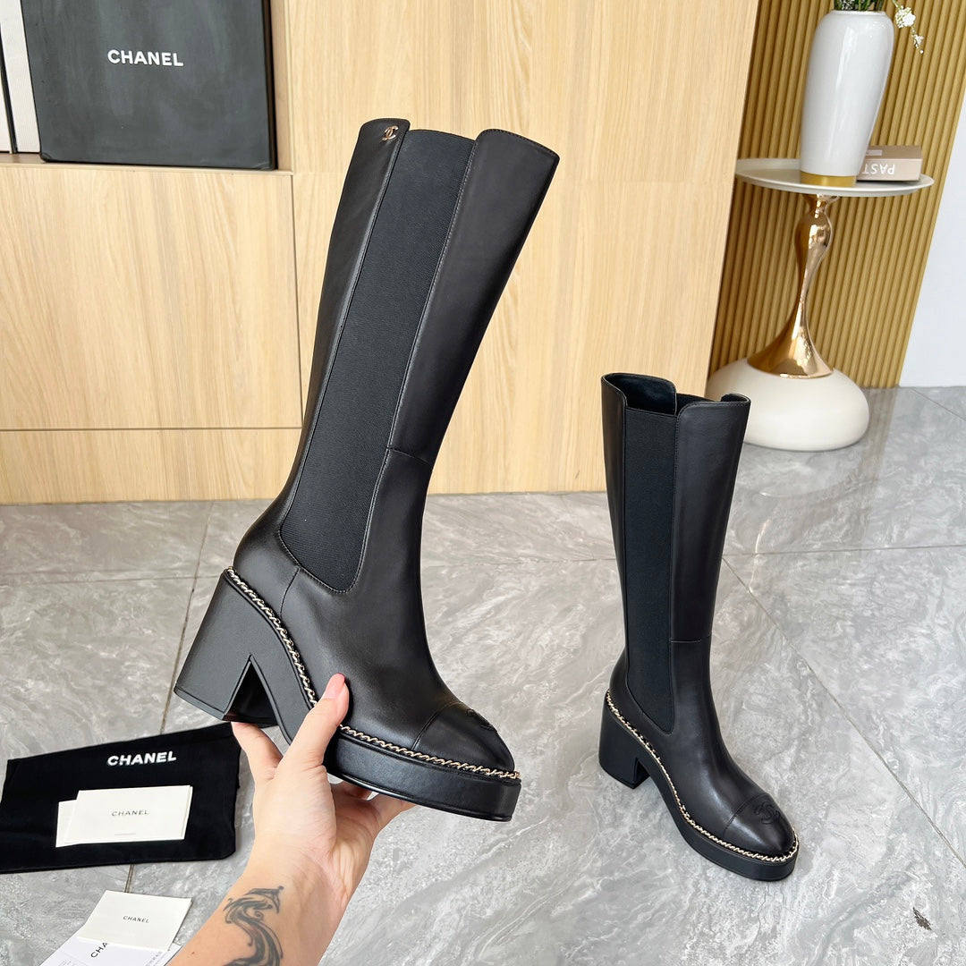 CHANEL 25S HIGH BOOTS STRETCHY SHAFT 85MM IN BLACK CALFSKIN GOLD HARDWRE - 35