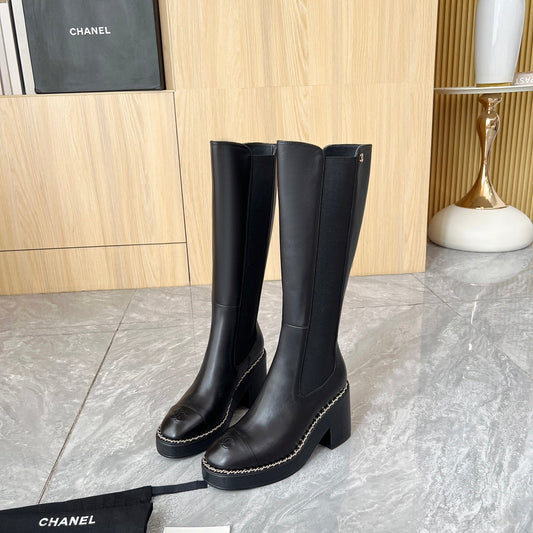CHANEL 25S HIGH BOOTS STRETCHY SHAFT 85MM IN BLACK CALFSKIN GOLD HARDWRE - 35
