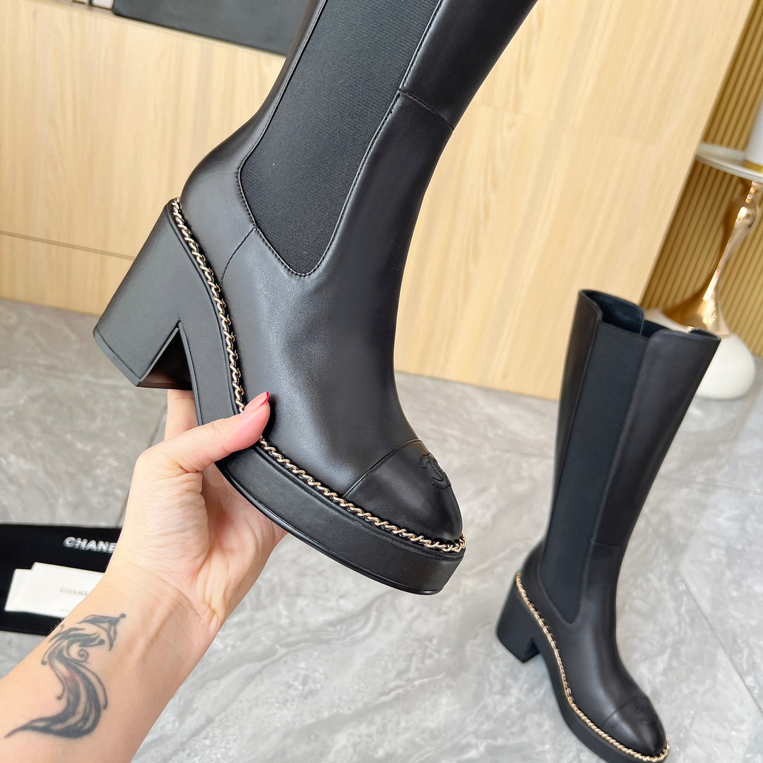 CHANEL 25S HIGH BOOTS STRETCHY SHAFT 85MM IN BLACK CALFSKIN GOLD HARDWRE - 35