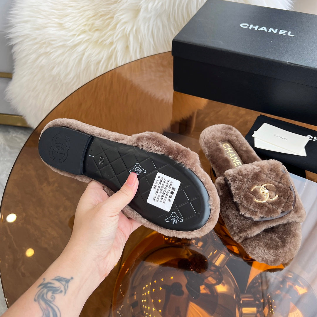 CHANEL 25S FUR SLIPPERS IN DARK BROWN LOGO GOLD HARDWRE - 35