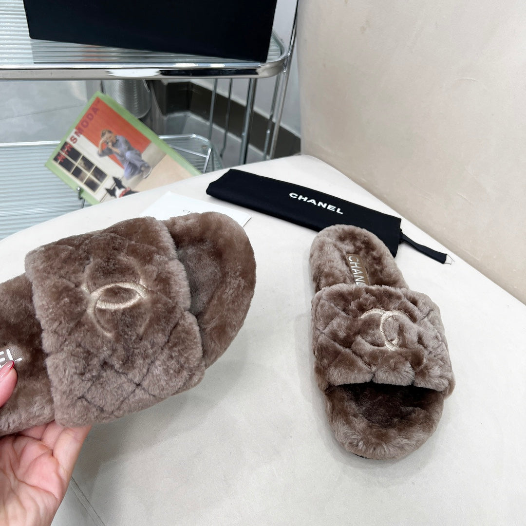 CHANEL 25S FUR SLIPPERS WITH EXPOSED-STITCH STRAPS IN DARK BROWN - 35