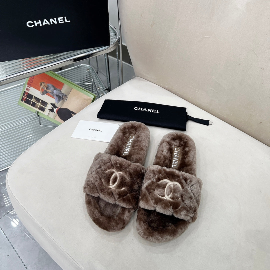 CHANEL 25S FUR SLIPPERS WITH EXPOSED-STITCH STRAPS IN DARK BROWN - 35
