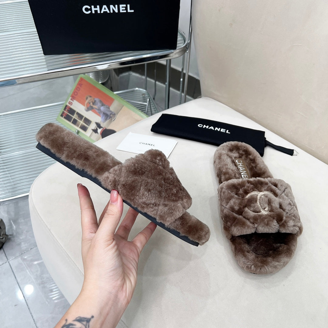 CHANEL 25S FUR SLIPPERS WITH EXPOSED-STITCH STRAPS IN DARK BROWN - 35