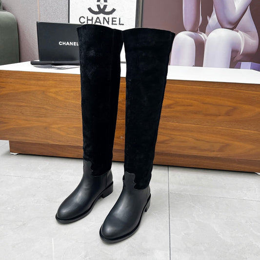 CHANEL 25S KNEE-HIGH BOOTS 35MM IN BLACK CALFSKIN AND SUEDE - 35