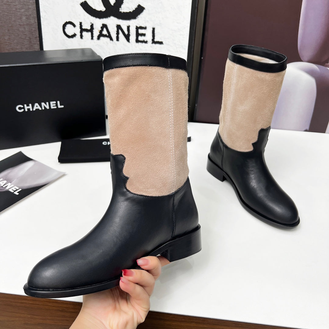 CHANEL 25S MID-CALF BOOTS 35MM IN BLACK CALFSKIN AND TAUPE GRAY SUEDE GOLD HARDWRE - 35