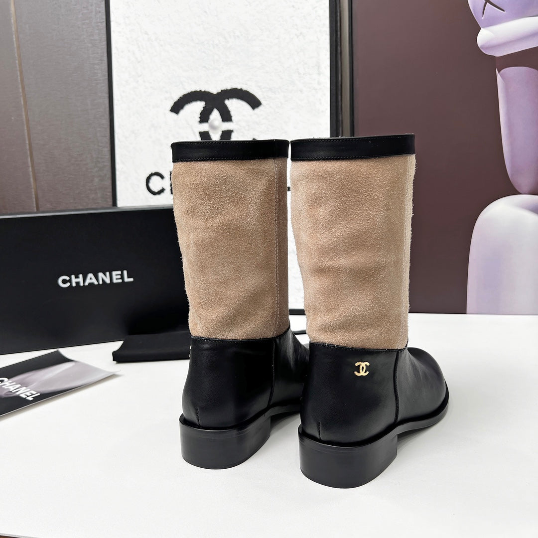 CHANEL 25S MID-CALF BOOTS 35MM IN BLACK CALFSKIN AND TAUPE GRAY SUEDE GOLD HARDWRE - 35