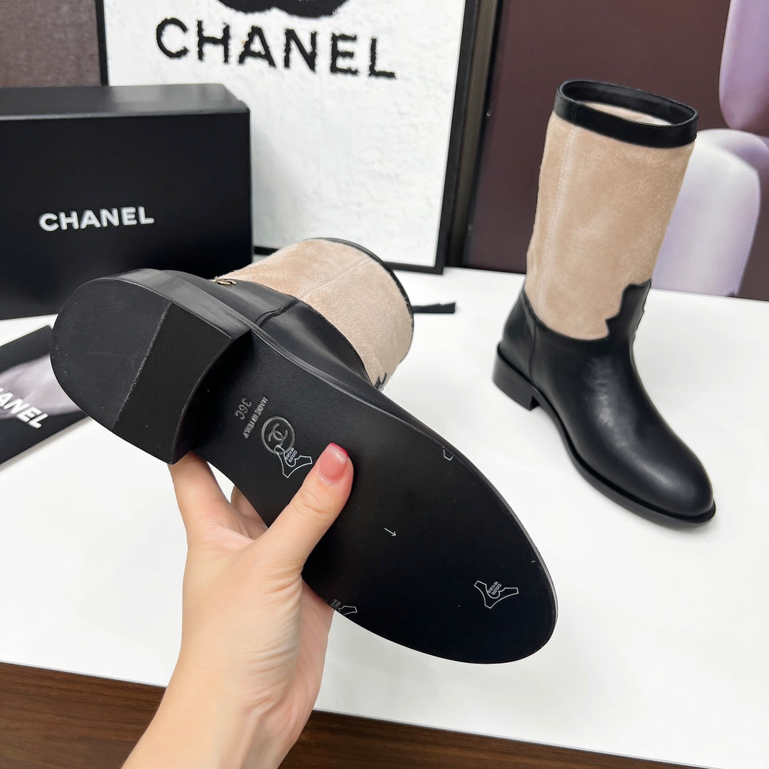 CHANEL 25S MID-CALF BOOTS 35MM IN BLACK CALFSKIN AND TAUPE GRAY SUEDE GOLD HARDWRE - 35