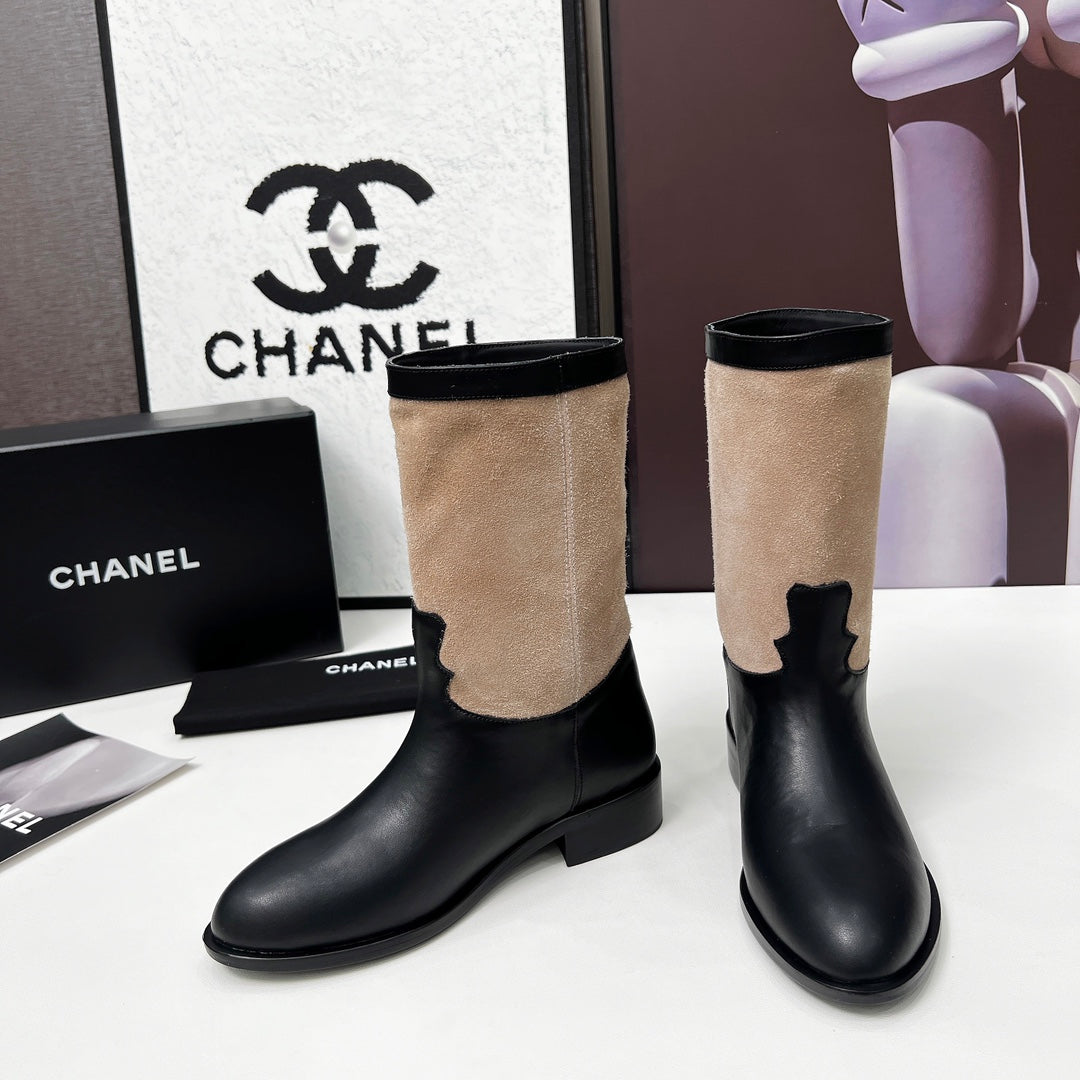 CHANEL 25S MID-CALF BOOTS 35MM IN BLACK CALFSKIN AND TAUPE GRAY SUEDE GOLD HARDWRE - 35