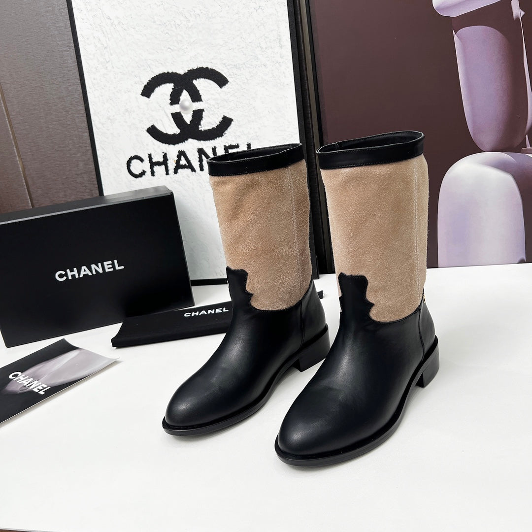CHANEL 25S MID-CALF BOOTS 35MM IN BLACK CALFSKIN AND TAUPE GRAY SUEDE GOLD HARDWRE - 35
