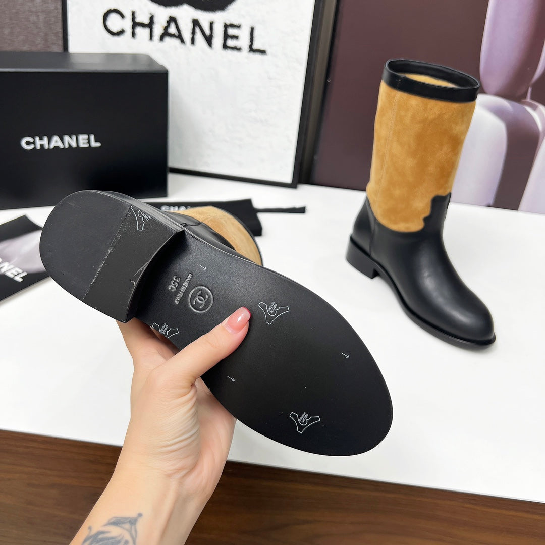 CHANEL 25S MID-CALF BOOTS 35MM IN BLACK CALFSKIN AND CARAMEL SUEDE GOLD HARDWRE - 35