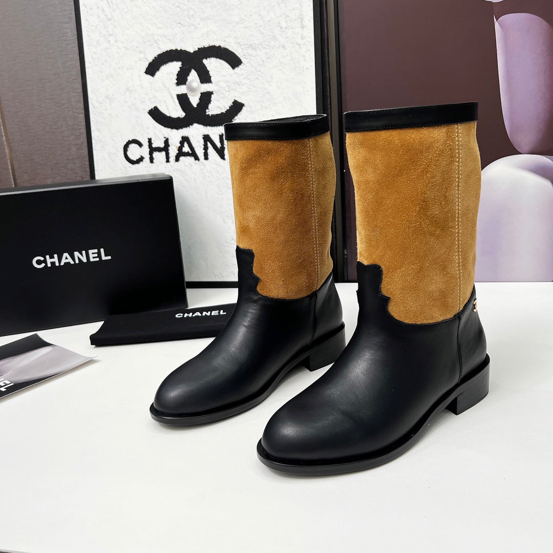 CHANEL 25S MID-CALF BOOTS 35MM IN BLACK CALFSKIN AND CARAMEL SUEDE GOLD HARDWRE - 35