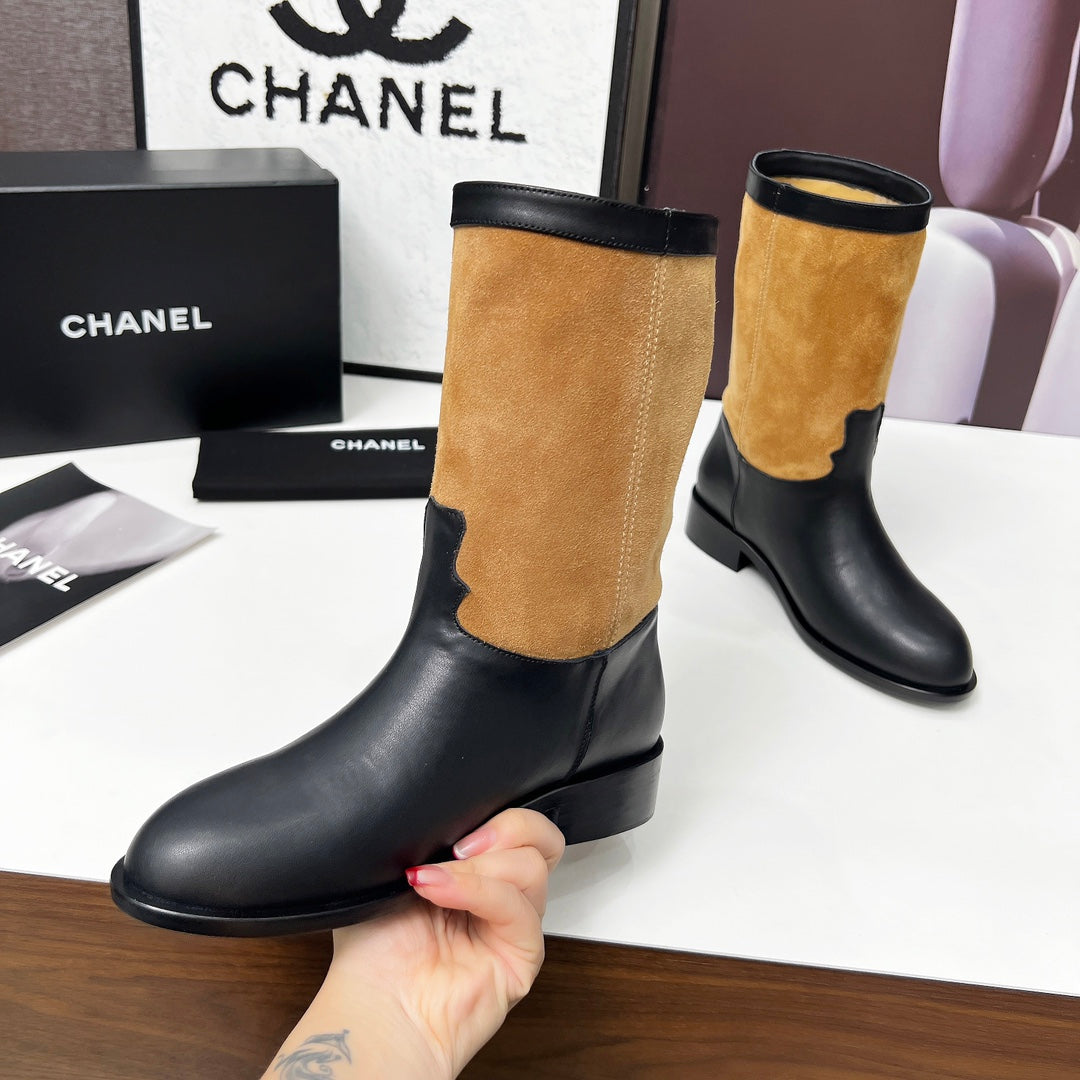 CHANEL 25S MID-CALF BOOTS 35MM IN BLACK CALFSKIN AND CARAMEL SUEDE GOLD HARDWRE - 35