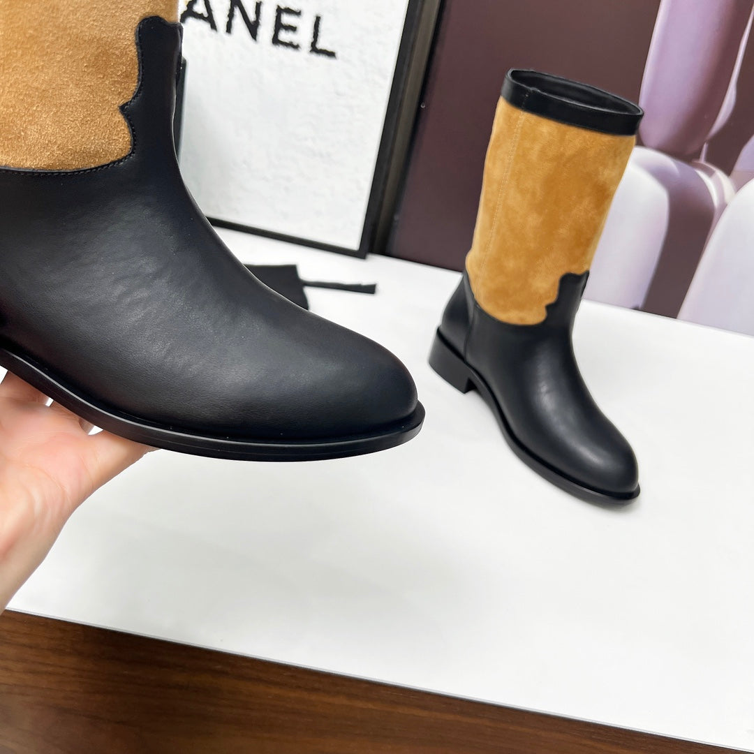 CHANEL 25S MID-CALF BOOTS 35MM IN BLACK CALFSKIN AND CARAMEL SUEDE GOLD HARDWRE - 35