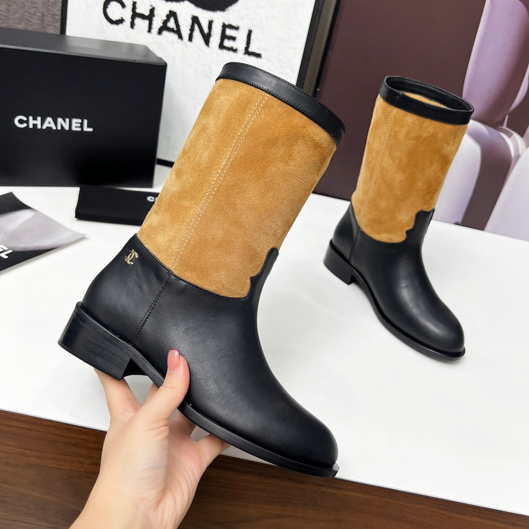 CHANEL 25S MID-CALF BOOTS 35MM IN BLACK CALFSKIN AND CARAMEL SUEDE GOLD HARDWRE - 35