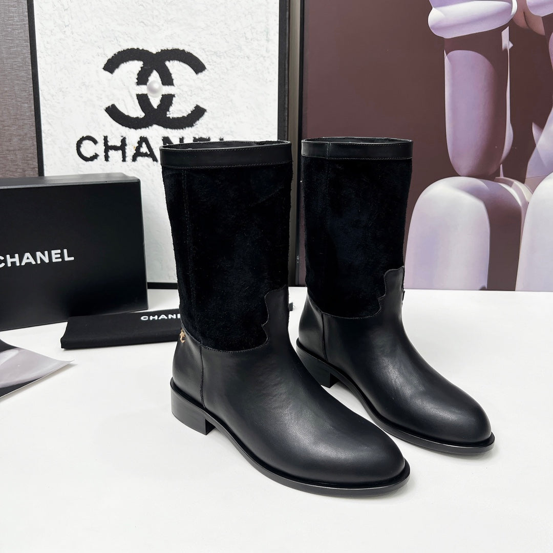 CHANEL 25S MID-CALF BOOTS 35MM IN BLACK CALFSKIN AND SUEDE GOLD HARDWRE - 35