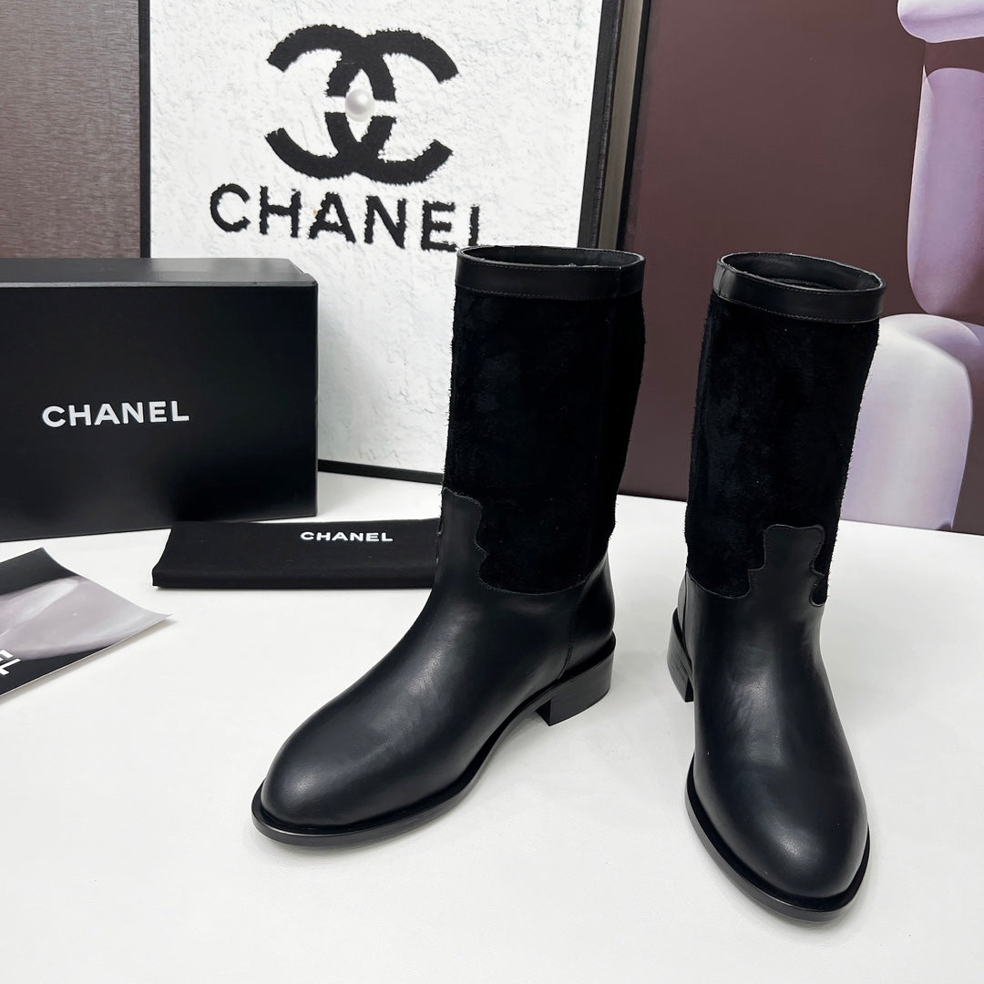 CHANEL 25S MID-CALF BOOTS 35MM IN BLACK CALFSKIN AND SUEDE GOLD HARDWRE - 35