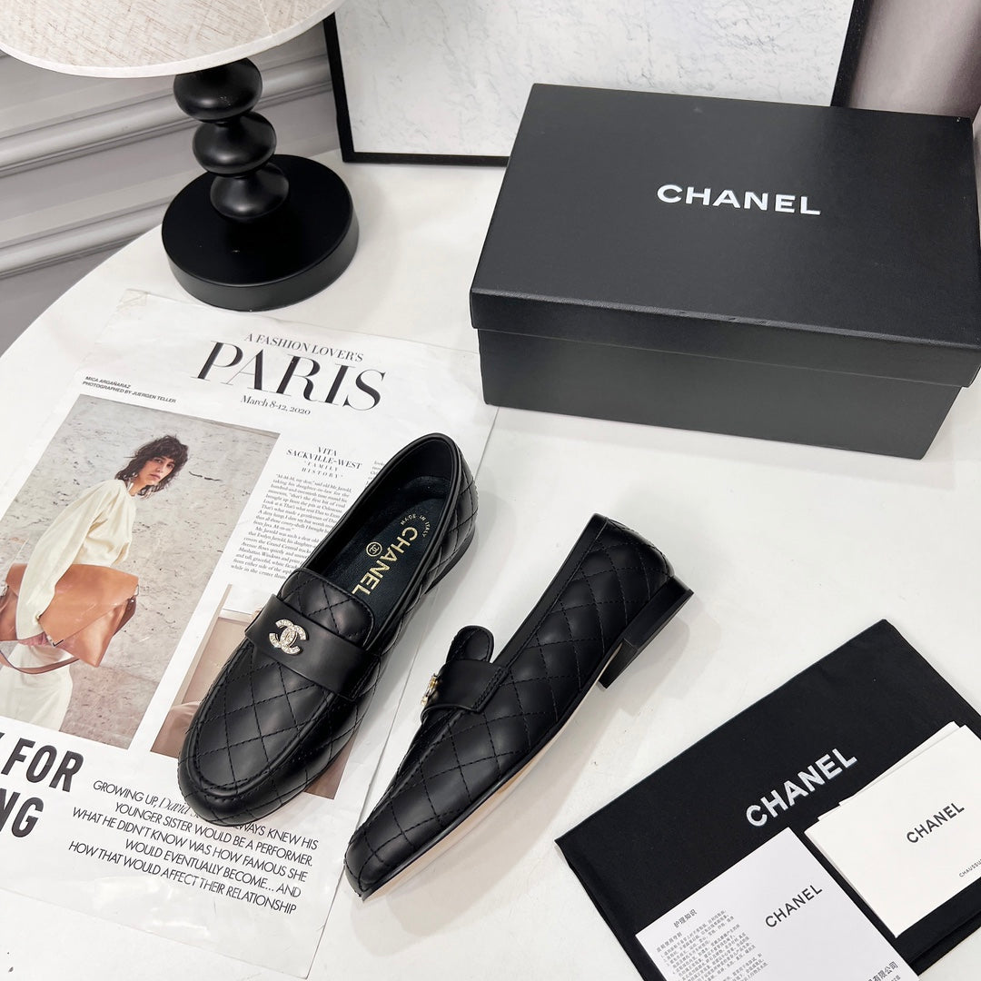 CHANEL 25S LOAFER DANCE SHOES IN BLACK CALFSKIN GOLD HARDWRE - 35
