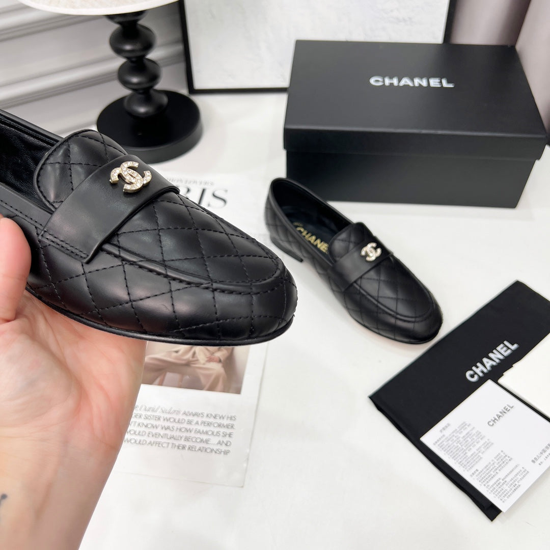 CHANEL 25S LOAFER DANCE SHOES IN BLACK CALFSKIN GOLD HARDWRE - 35