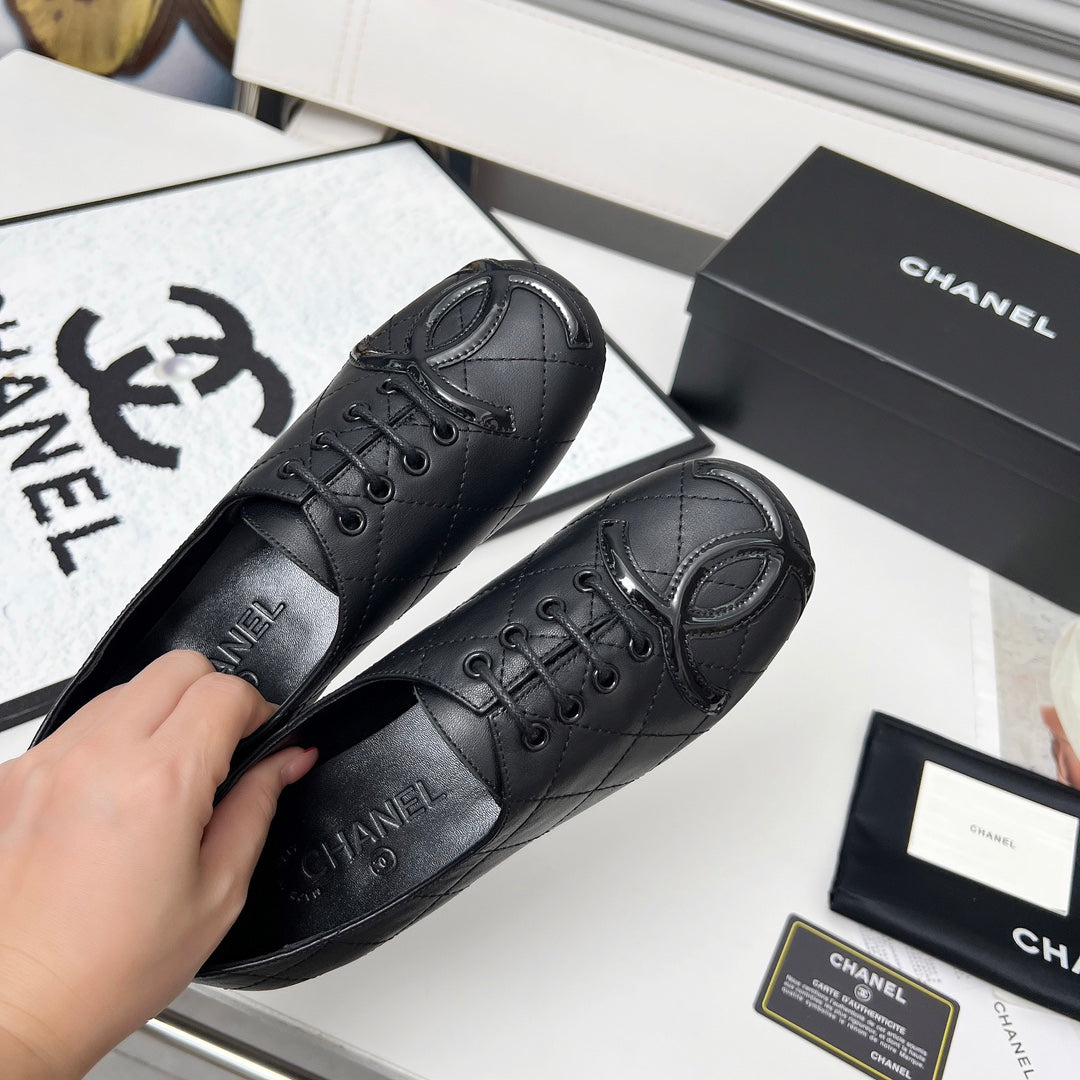 CHANEL 25S DANCE SHOES WITH PRINTED LOGO IN BLACK FULL CALFSKIN - 35