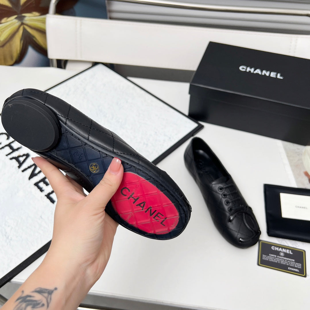 CHANEL 25S DANCE SHOES WITH PRINTED LOGO IN BLACK FULL CALFSKIN - 35