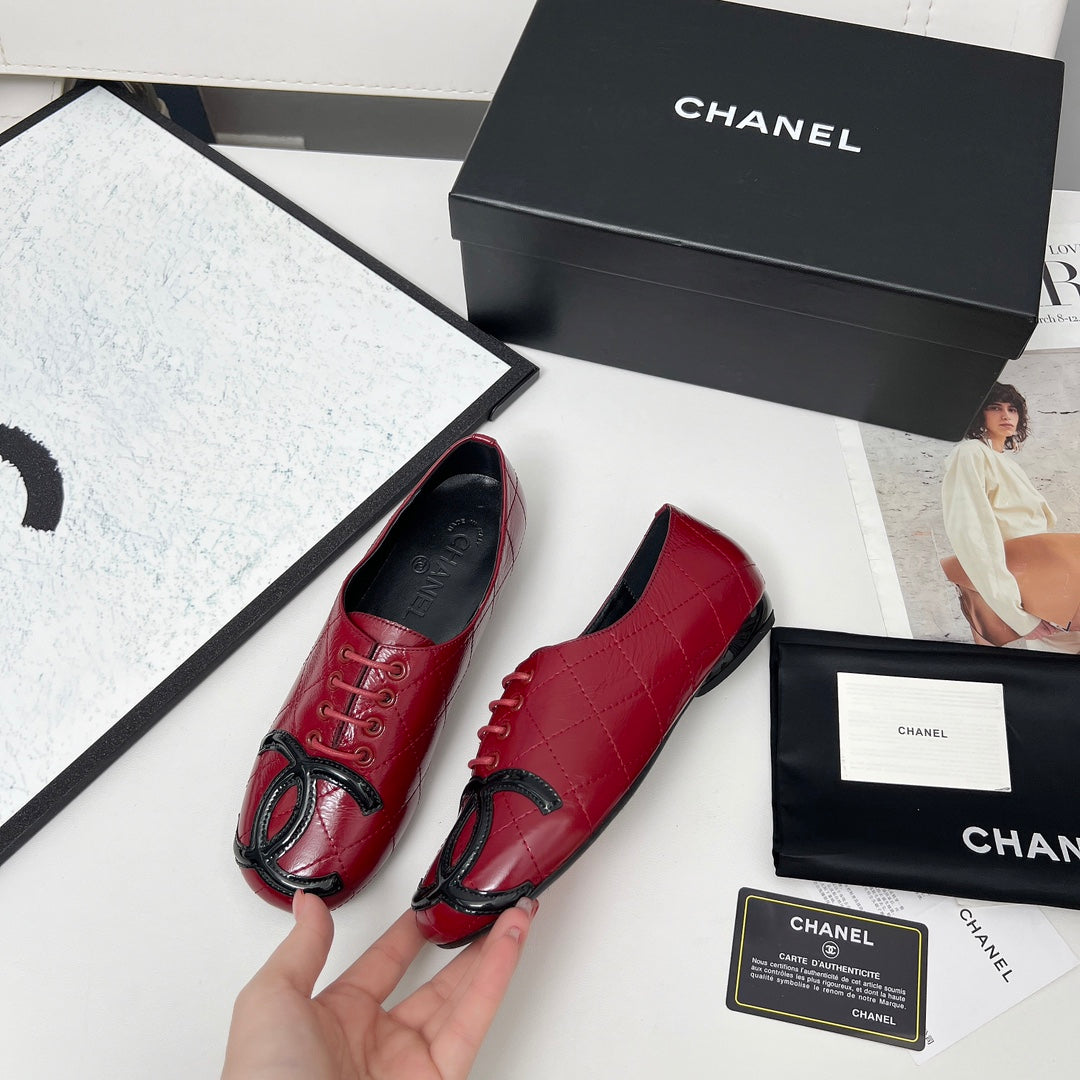CHANEL 25S DANCE SHOES WITH PRINTED LOGO IN BURGUNDY CALFSKIN - 35