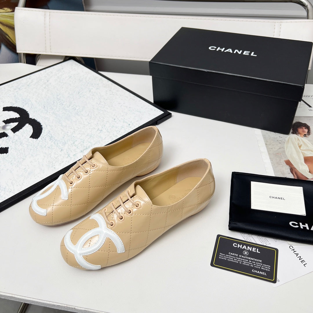 CHANEL 25S DANCE SHOES WITH PRINTED LOGO IN BEIGE CALFSKIN - 35
