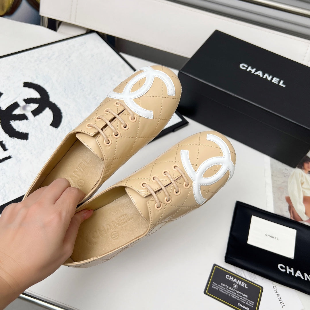 CHANEL 25S DANCE SHOES WITH PRINTED LOGO IN BEIGE CALFSKIN - 35