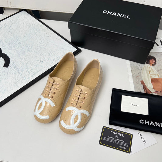 CHANEL 25S DANCE SHOES WITH PRINTED LOGO IN BEIGE CALFSKIN - 35