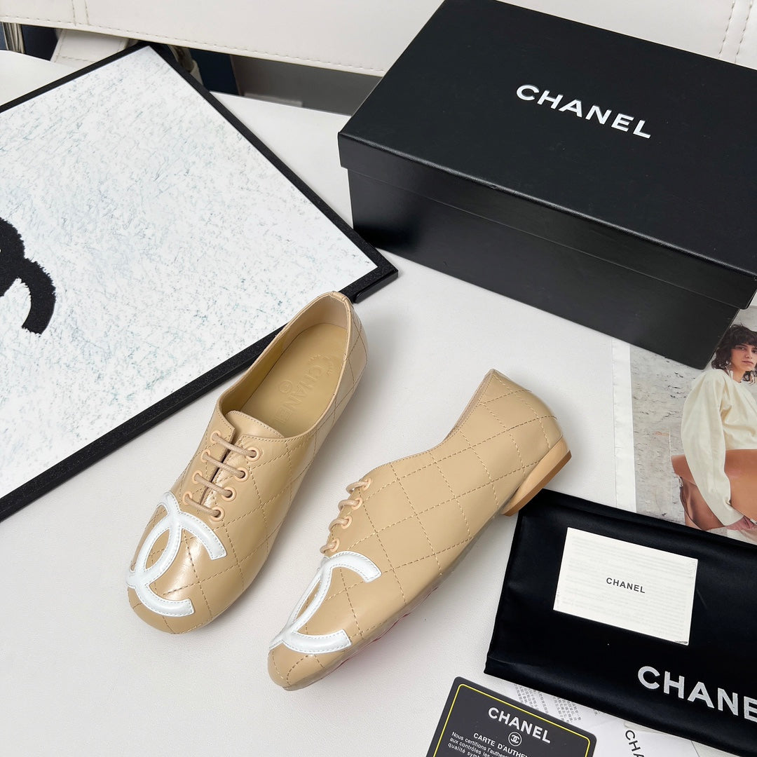 CHANEL 25S DANCE SHOES WITH PRINTED LOGO IN BEIGE CALFSKIN - 35