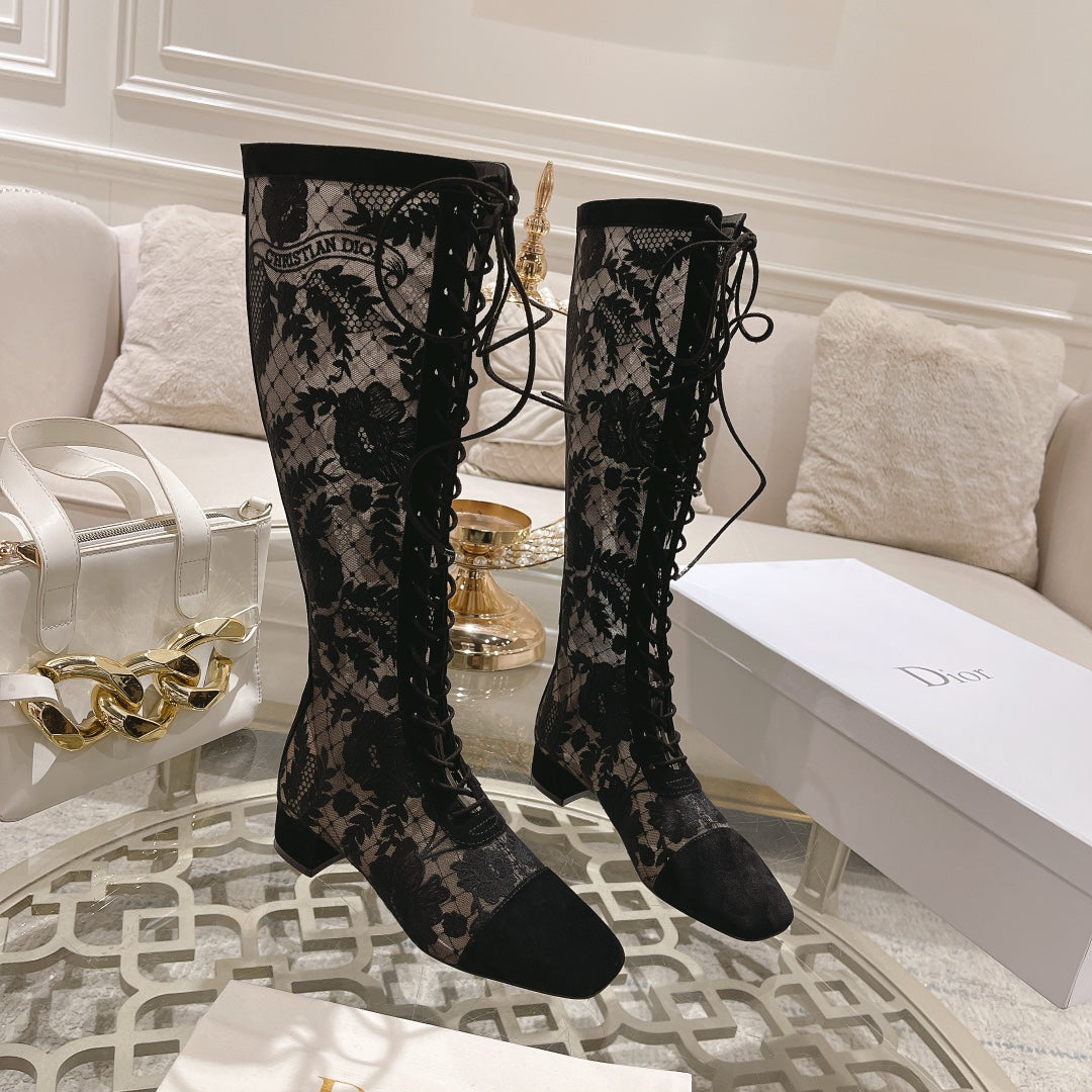 NAUGHTILY-D BOOT BLACK TRANSPARENT MESH AND SUEDE EMBROIDERED WITH ROSES MOTIF 35 MM - 34