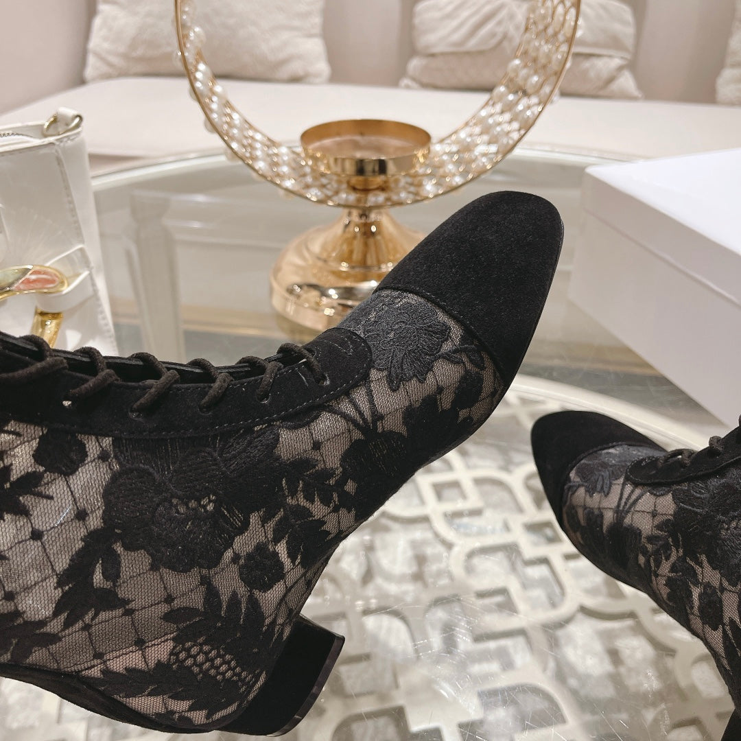 NAUGHTILY-D BOOT BLACK TRANSPARENT MESH AND SUEDE EMBROIDERED WITH ROSES MOTIF 35 MM - 34