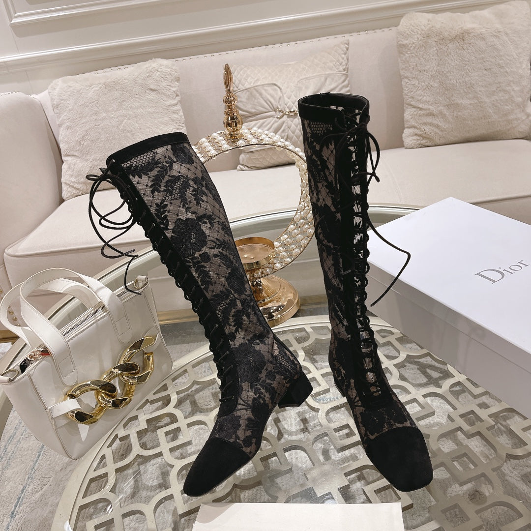 NAUGHTILY-D BOOT BLACK TRANSPARENT MESH AND SUEDE EMBROIDERED WITH ROSES MOTIF 35 MM - 34