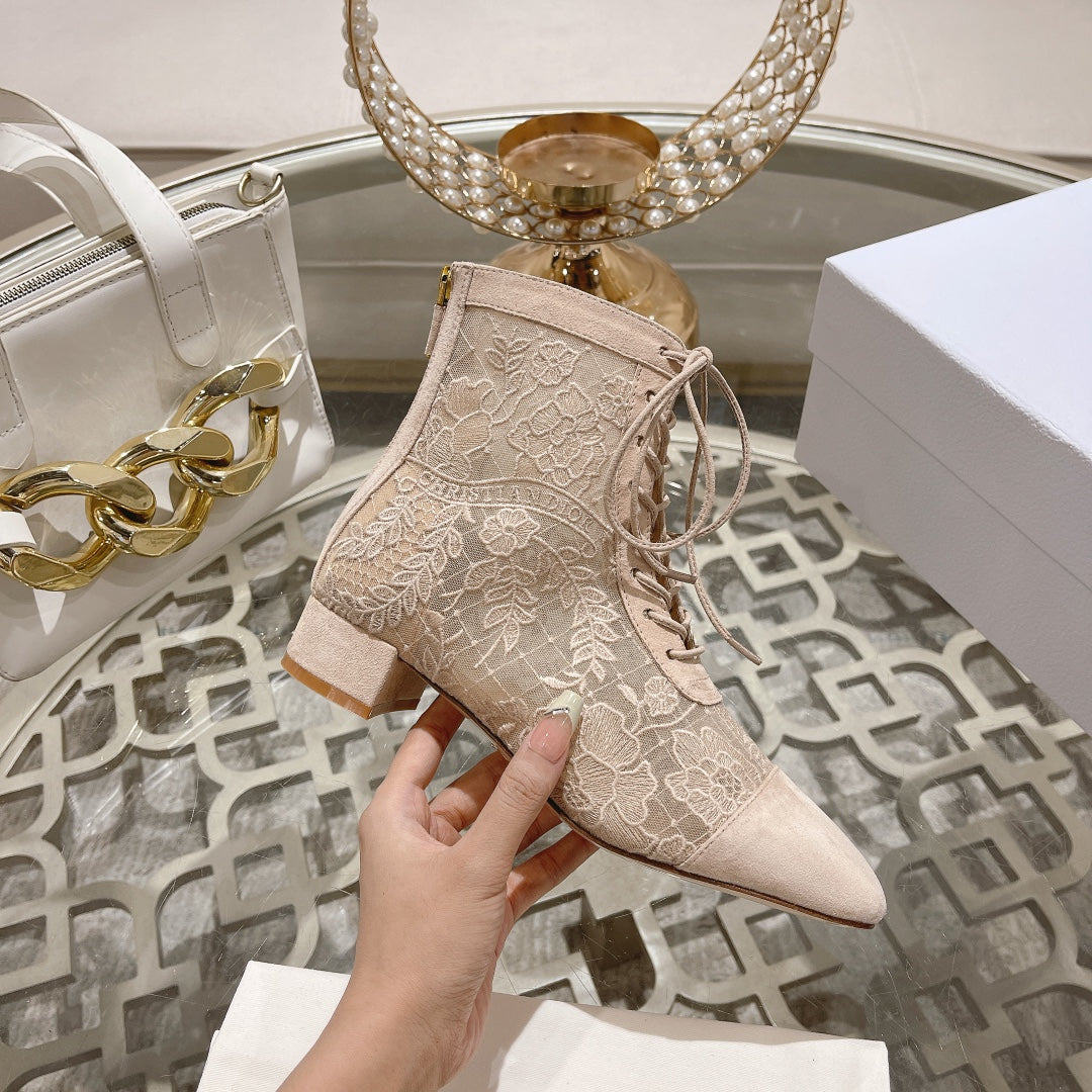 NAUGHTILY-D ANKLE BOOT NUDE BEIGE TRANSPARENT MESH AND SUEDE EMBROIDERED WITH ROSES MOTIF 35 MM - 34