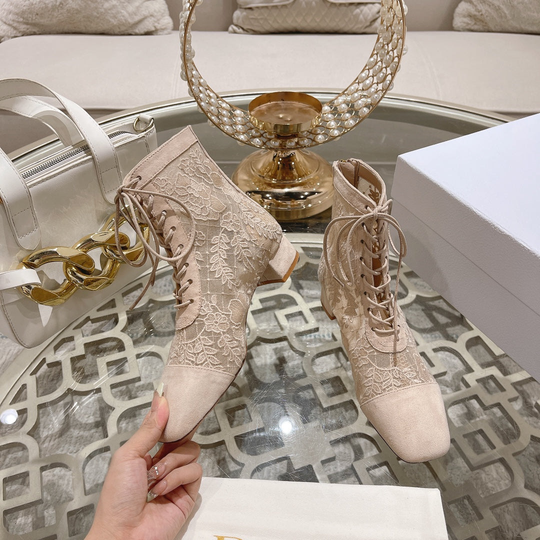NAUGHTILY-D ANKLE BOOT NUDE BEIGE TRANSPARENT MESH AND SUEDE EMBROIDERED WITH ROSES MOTIF 35 MM - 34