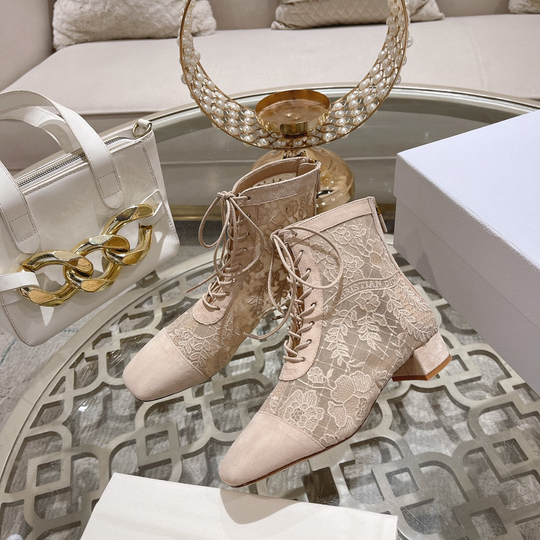 NAUGHTILY-D ANKLE BOOT NUDE BEIGE TRANSPARENT MESH AND SUEDE EMBROIDERED WITH ROSES MOTIF 35 MM - 34