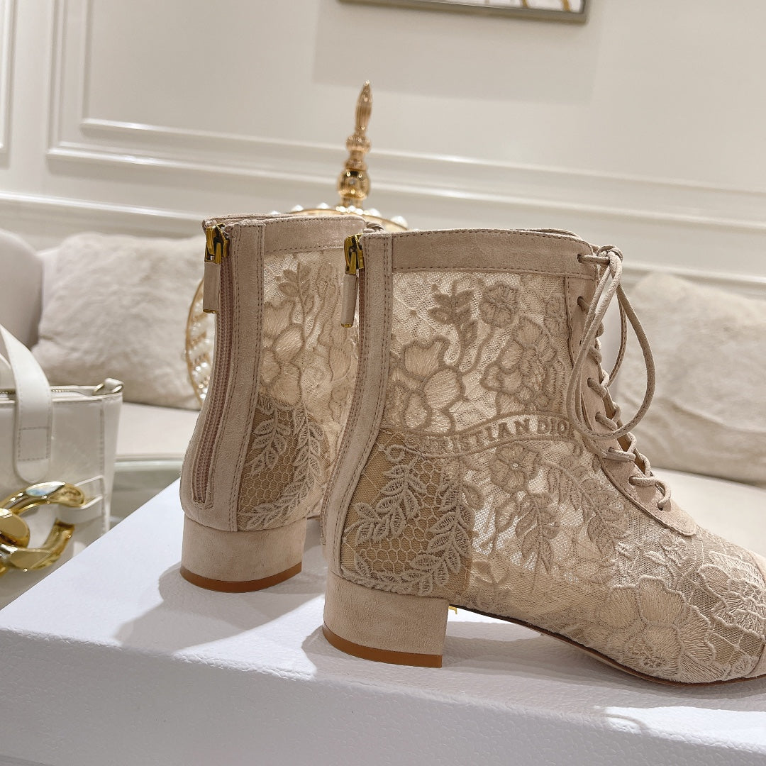 NAUGHTILY-D ANKLE BOOT NUDE BEIGE TRANSPARENT MESH AND SUEDE EMBROIDERED WITH ROSES MOTIF 35 MM - 34