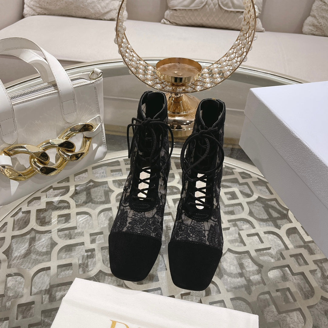 NAUGHTILY-D ANKLE BOOT BLACK TRANSPARENT MESH AND SUEDE EMBROIDERED WITH ROSES MOTIF 35 MM - 34