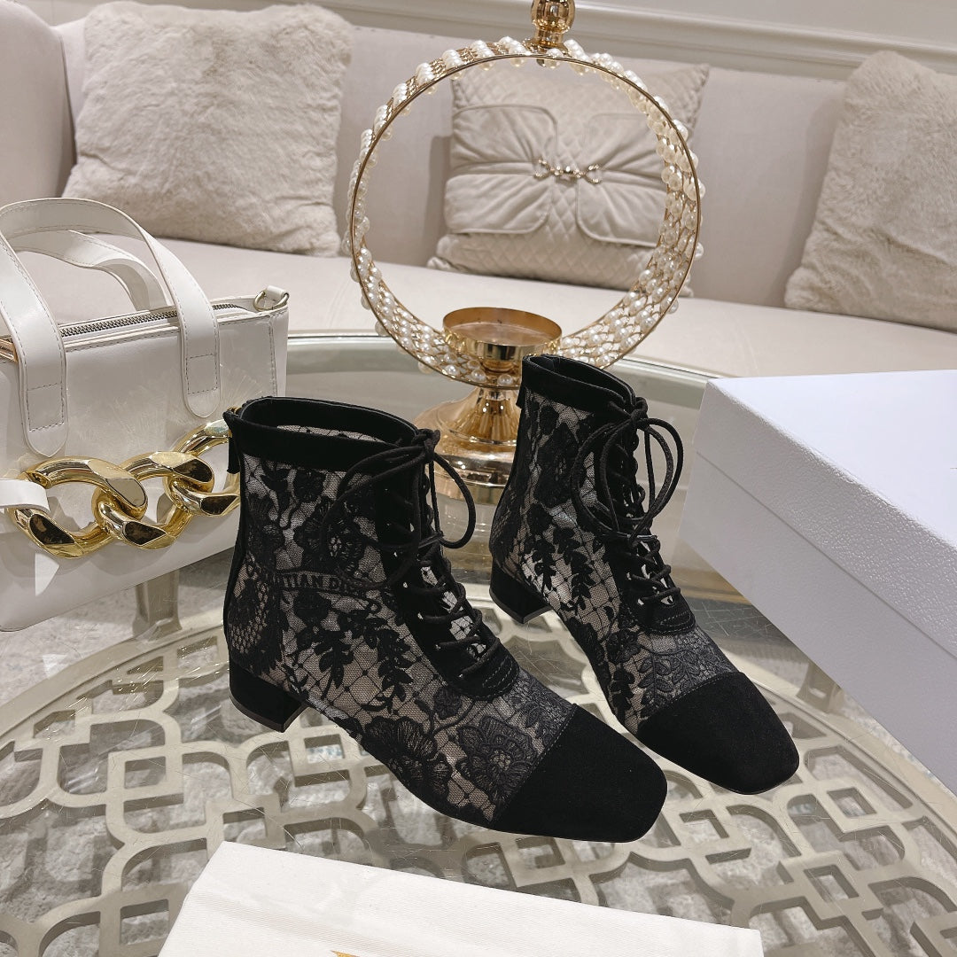 NAUGHTILY-D ANKLE BOOT BLACK TRANSPARENT MESH AND SUEDE EMBROIDERED WITH ROSES MOTIF 35 MM - 34